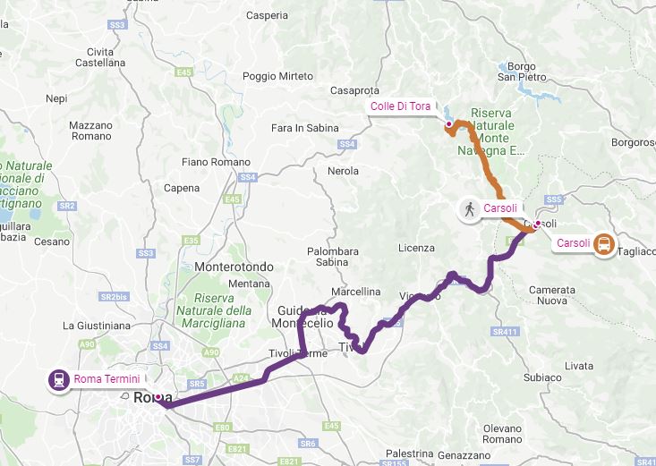 Viaggio da Roma al Lago del Turano (blu treno, verde autobus)