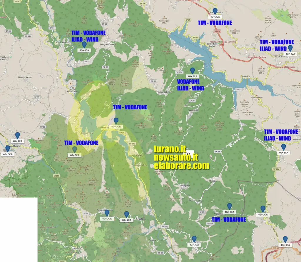 Mappa ripetitori telefonia mobile al Lago del Turano e Lago del Salto, Tim, Vodafone, Iliad, Wind